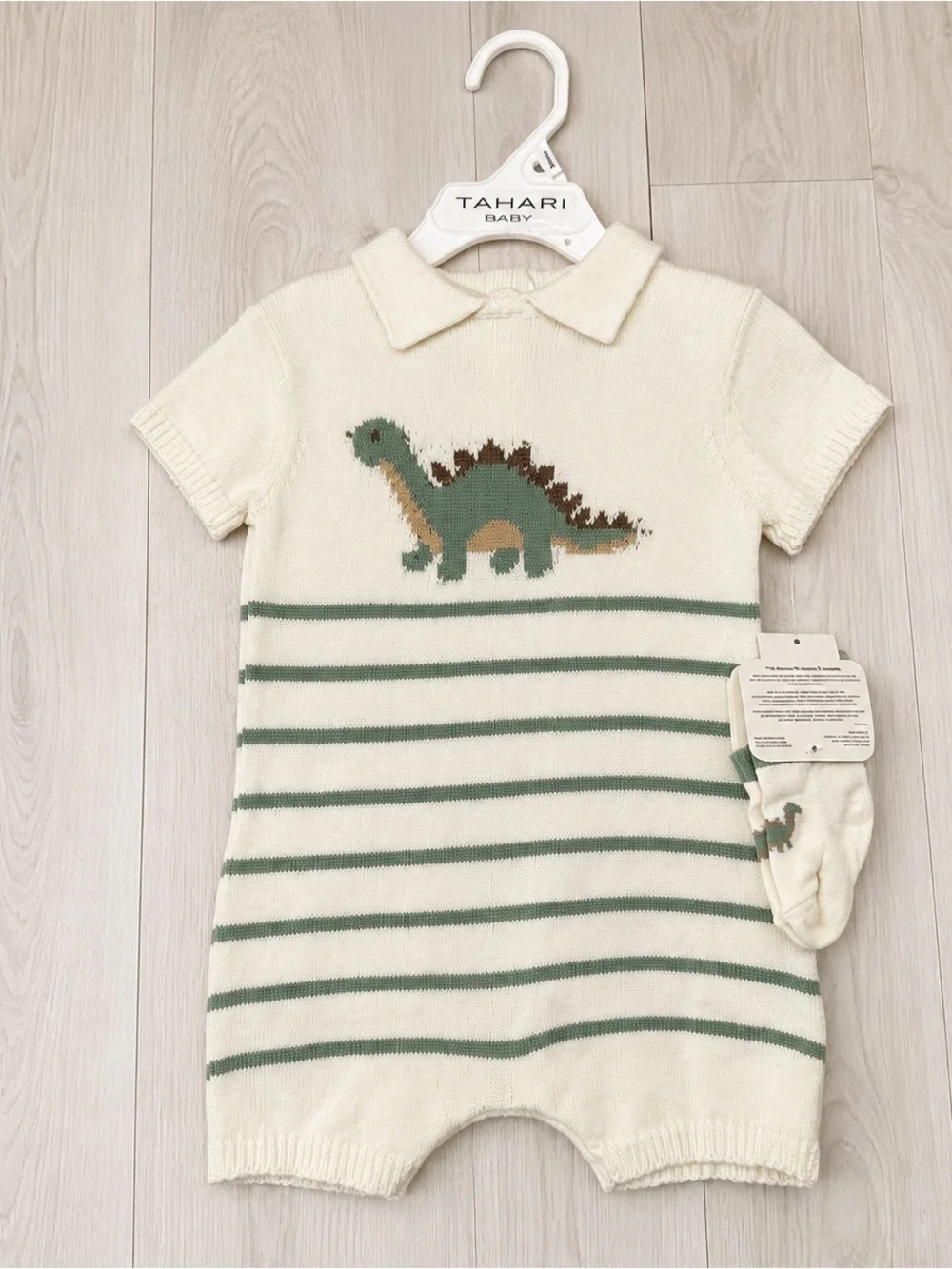 Tahari Cream & Green Dinosaur Knit Romper